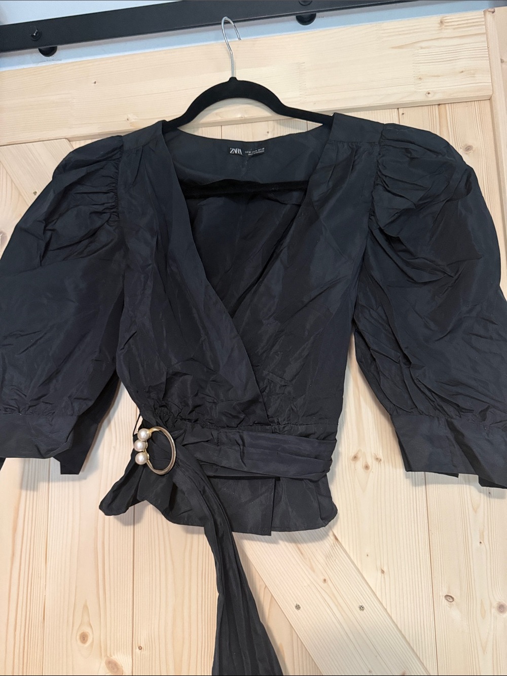 Zara Black Puff Sleeve Wrap Top with Pearl Buckle